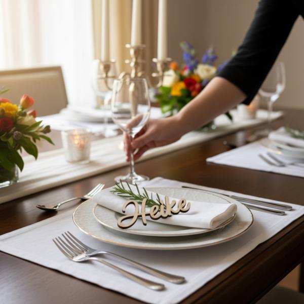 Lasergravierte Holznamen als elegante Tischdekoration für Feste